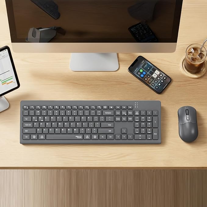 Wireless Keyboard and Mouse, 2.4GHz/Bluetooth Quiet Full Size Set, Gray - Image 8