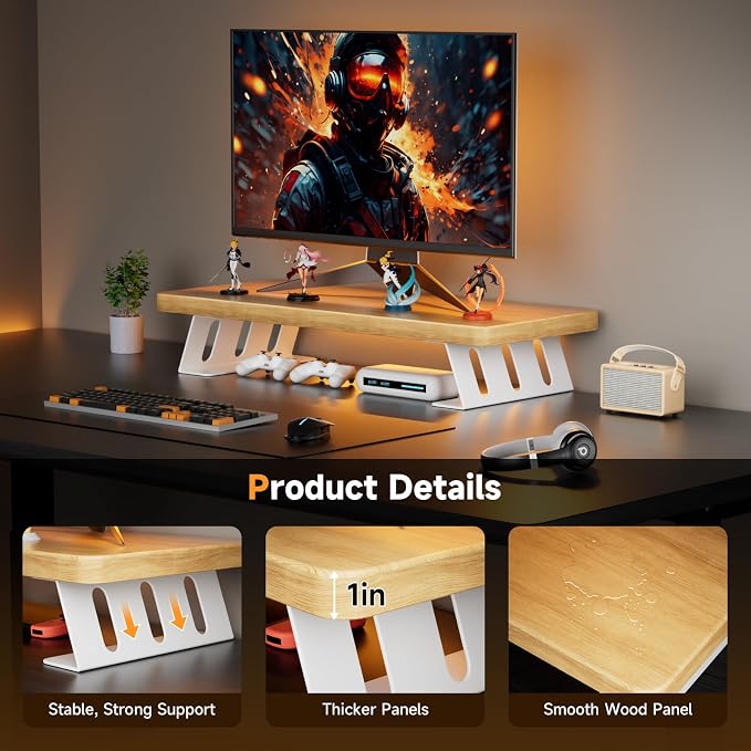Monitor Stand Riser, 24 Inch Wood Desk Monitor Riser for Laptop/PC/Printer | Computer Monitor Stands with Storage for Desk, Desktop Stands Organizer for Home Office, Holds 220 LBs Load, Oak - Image 2