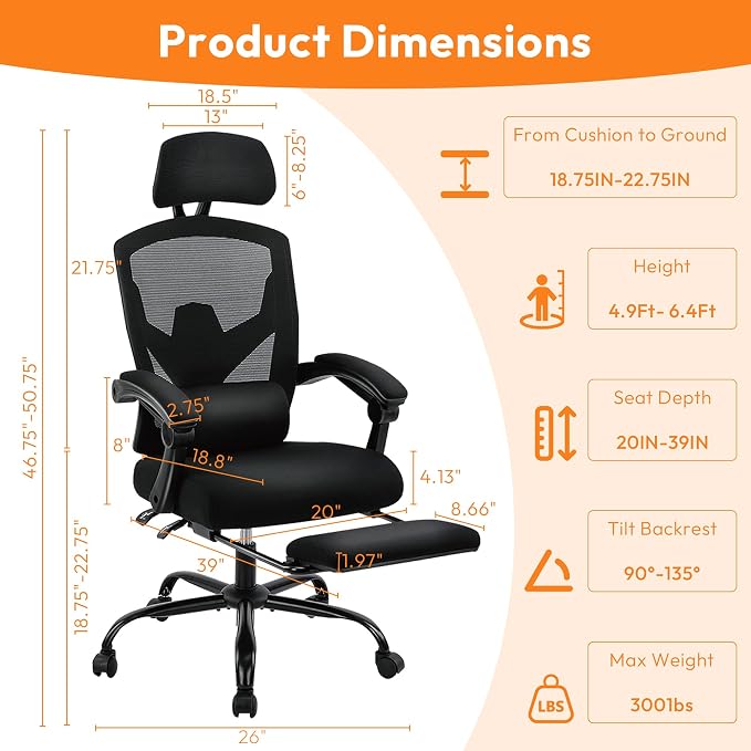 Desk Chair with Foot Rest, High-Back Mesh Office Chair, Classic Black | Reclining Gaming Chair with Headrest and Adjustable Lumbar Support, 90°-130° Reclining, for Home Office and Gaming - Image 3