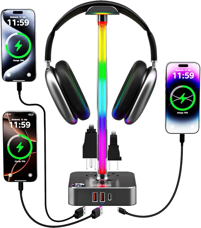cozoo Headphone Stand with Charger, USB C, Gifts for Gamers Men, Gray Pro | Gaming Headset Stand Holder for Desk, 3 USB(1 USB C) and 2 AC Outlets Charging Ports, Headphone Hanger, Gamer Gifts for Men - Image 8