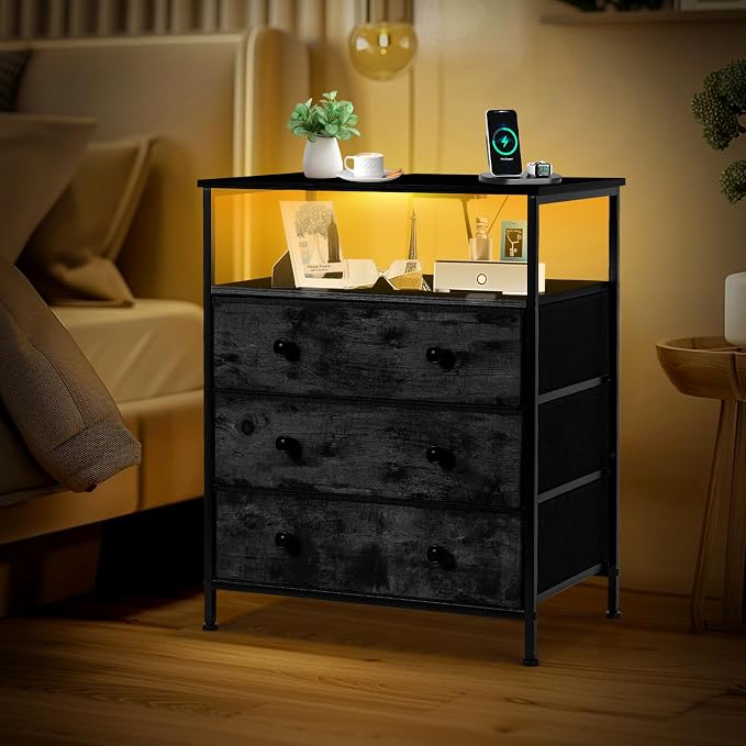 3-Drawer LED Nightstand Set 2 with Charging Station, Black - Image 2