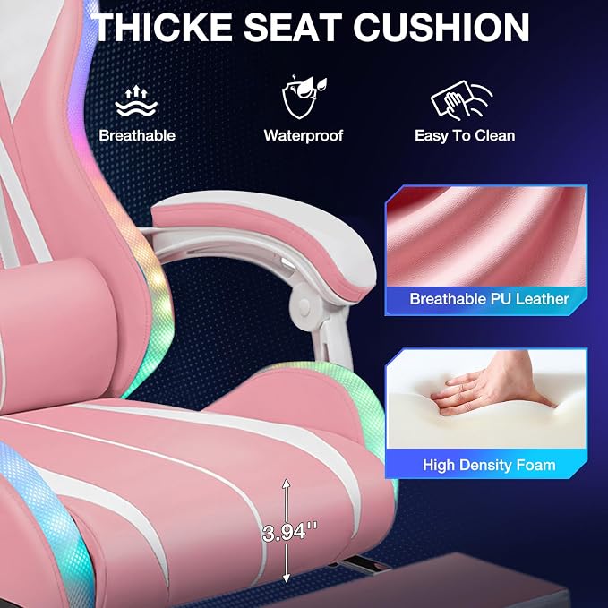 Pink Gaming Chair with RGB LED Lights Massage Computer Chairs for Girls | High Back Video Game Chair with Footrest & Adjustable Lumbar Support Ergonomic Gamer Chairs for Women Racing Style Recline - Image 7