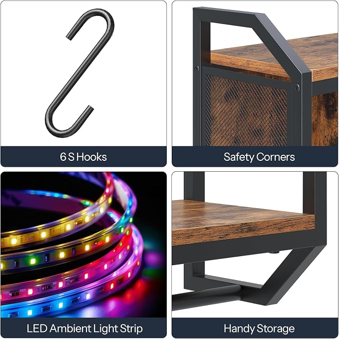 HOOBRO Gaming Floating Shelf with LED Lights, 28.7" LED Wall Mounted Shelf, 3-Tier Display Rack for Wall Storage, Floating Rack with Hanging Rod and 6 S-Hooks, Rustic Brown and Black BF70DBJ01 - Image 8