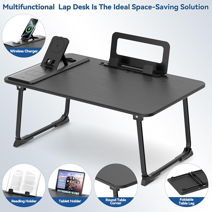 Lap Desk Bed Table with Wireless Charger - Foldable Large Laptop Tray with Tablet Slot and Book Shelf, No Assembly Table for Couch Chair Floor for Sturdy, Writing, Studying Eating, and WFH - Image 7
