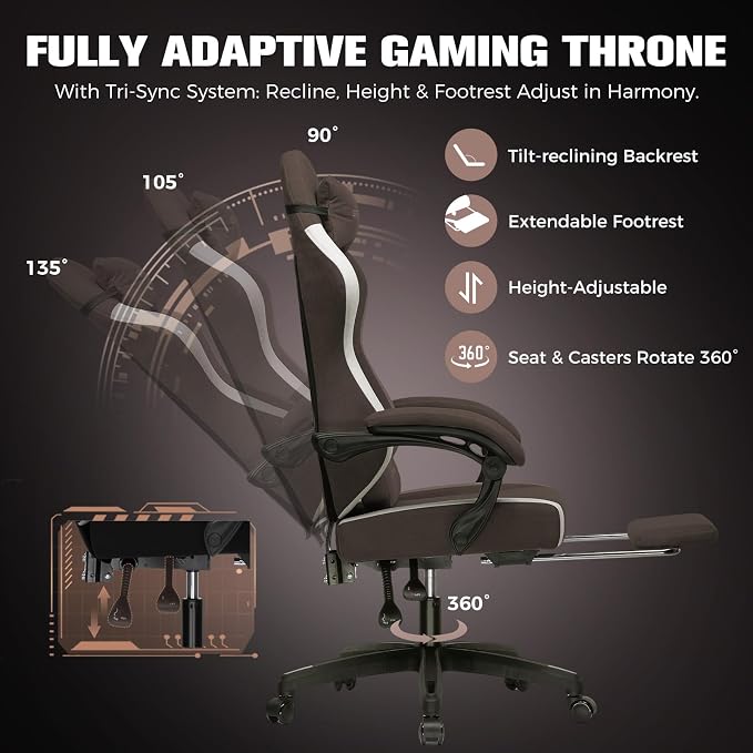 GTPLAYER Gaming Chair, Ergonomic Computer Chair with Footrest and Lumbar Support, High Back Recliner Chair 350lbs, Height Adjustable for Home Office, Brown - Image 4