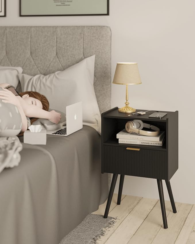 JOONEE Black Nightstand,Modern Bedside Table with Storage Drawer and Open Wood Shelf, for Living Room, Bedroom and Small Spaces, Accent Night Stand with Solid Wood Legs, Easy Assembly,Classic Black - Image 3