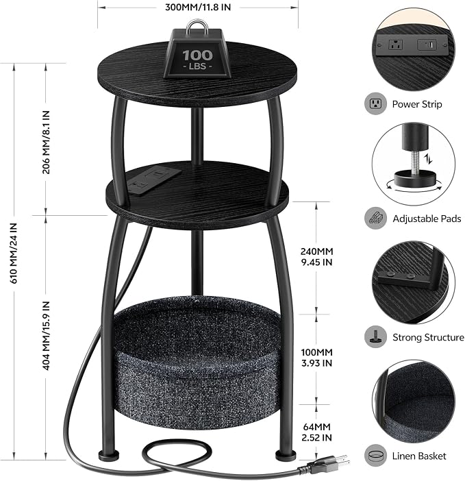 Side Table with Charging Station, Small Round End Table with Basket - Image 3