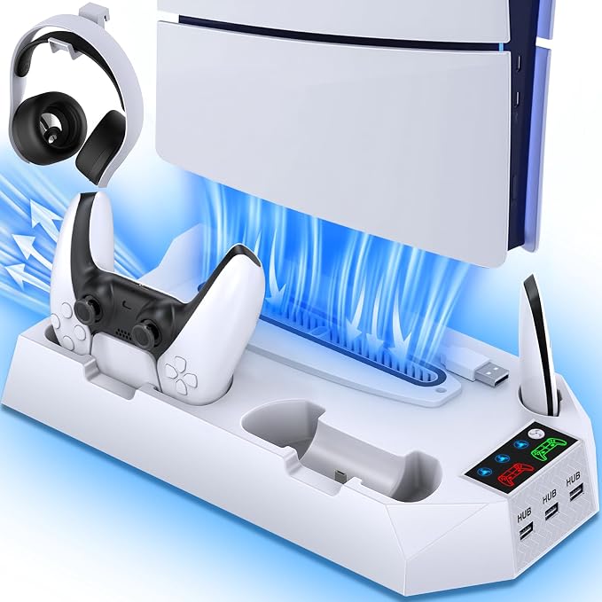 PS5 Slim Stand and Cooling Station with Controller Charging Station for Playsation 5 Slim&Standard Disc/Digital Console, PS5 Accessories Incl. Controller Charger/Turbo Fan/3 USB Hub/Headset Holder by Unknown