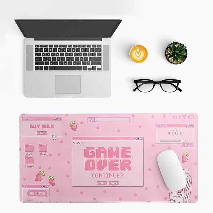 Pink Gaming Mouse Pad 27.6x11.8 Inch Pastel Game Over Large Mousepad Kawaii Office Decor for Women Non-Slip Rubber Base Stitched Edges Keyboard Mouse Mat Desk Pad for Office Home and Game - Image 3