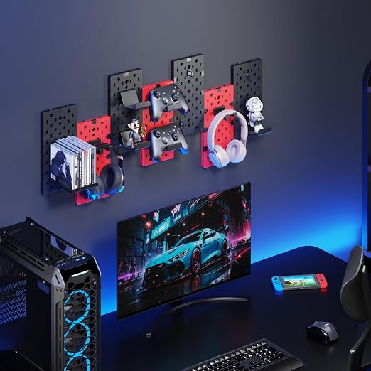 PEGZONE Controller and Headphone Holder Wall Mount, 7pcs, Black & Red | Modular Gaming Pegboard with Accessories, Controller Stand, Disc Shelf Organizer - Image 7