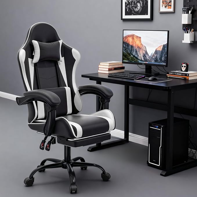 MoNiBloom Gaming Chair, Footrest & Lumbar Support, Height Adjust, White | Headrest & Lumbar Support, Ergonomic Computer chair, for Adult Teen Office or Gaming,Swivel game chair, leather gaming chair - Image 2