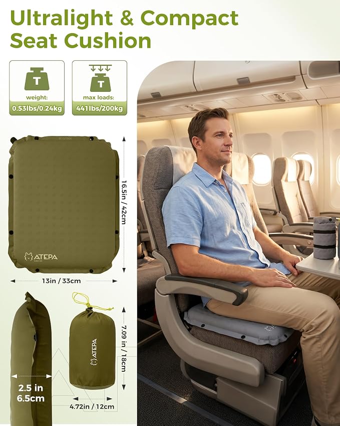 ATEPA Inflatable Seat Cushion | 2" & 2.5" Foam Core Seat Pad, Compact, Stadium, Airplane, Travel, Camping, Hiking, Sports Events, Self Inflating - Image 2