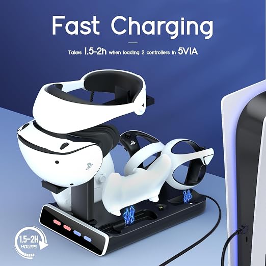 3-in-1 Controller Charging Dock for PSVR2 and PS5, VR Stand Display with LED Light, PS5 VR2 Storage Base Gaming Accessories, 4 Magnetic Clasp & Type-C Cable - Image 2