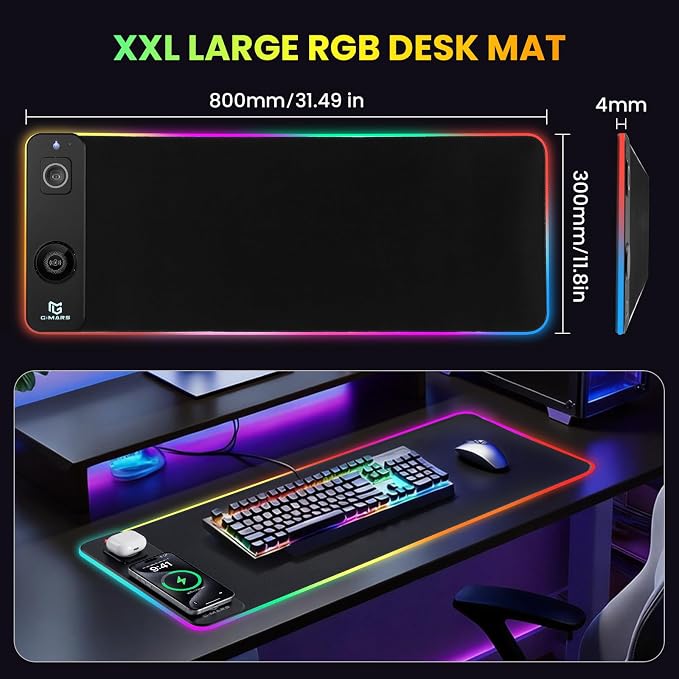 Gimars Upgrade 3 in 1 RGB Mouse Pad with 15W Magnetic Fast Wireless Charging, 31.5x11.8x0.16in Gaming Mousepad, 15 Color Modes, Waterproof Non-Slip XXL Desk Mat with Smooth Surface for Home Office PC - Image 8