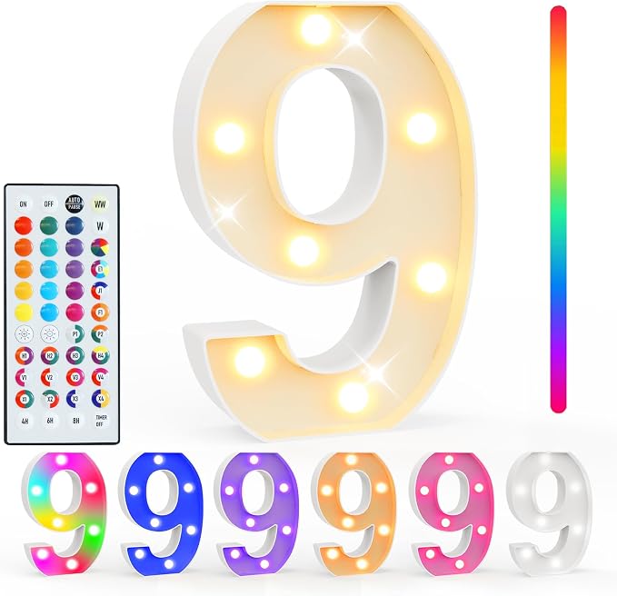 Pooqla Colorful Lighted Numbers with Remote, 35 Colors Light Up Numbers for Party, RGB LED Marquee Number Lights Gift for 9th Birthday Decorations, Wedding, Bar, Night Light, Home Decor, Number 9 by Pooqla