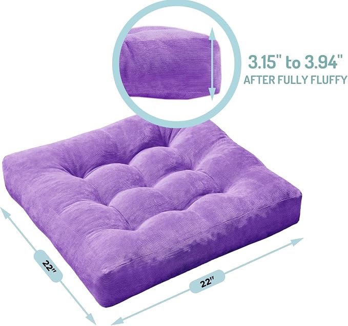 Degrees of Comfort Square Tufted Corduroy Floor Cushions, Large Pillows Seating for Adults, Meditation Pillow for Balcony Tatami Living Room, 22x22 Inch, Purple - Image 3