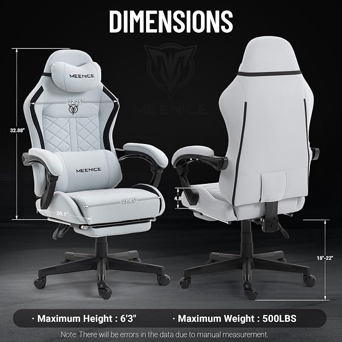 Big and Tall Gaming Chair Fabric with Footrest, Massage Lumbar for Adults | Ergonomic High Back Gamer Chair with Pocket Spring Cusion, Wide Video Game Chair Comfy for Big Guys 400LBS Home Office Gray - Image 2
