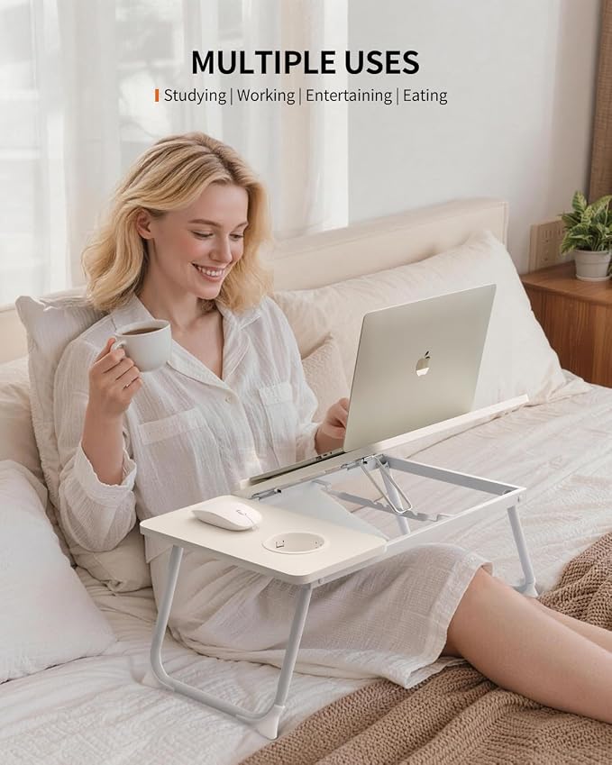 FISYOD Foldable Laptop Desk for Bed Couch, Adjustable Split Lap Desk with Cup Holder, Portable Lightweight Bed Table Tray, Heavy-Duty Laptop Stand for Working, Writing, Reading and Eating - White - Image 4