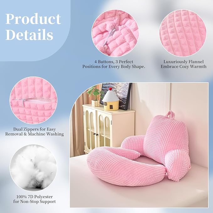 19" Reading Pillow for Bed,U Shaped Arm & Elbow Support,Pink Flannel | Backrest Supports Back,U shaped Lap Pillow Cushions Arms,Elbows & Wrists,Soft Flannel for Reading,Gaming,Watching TV - Image 6