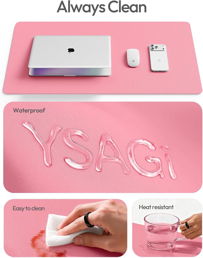 YSAGi Leather Desk Protector, Office Mat, Large Mouse Mat, Non-Slip PU Leather Blotter, Laptop Desk Mat, Waterproof Writing Pad for Office and Home (Pink, 35.4" x 17") - Image 7