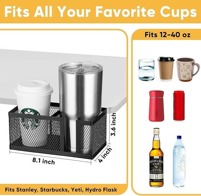 Dual Slots Clip On Metal Desk Cup Holder, Fits up to 40oz cups – No Spill Clamp for Table, Bed, Chair – Large Adjustable Drink Holder for Yeti, Hydro Flask, Starbuck – Mountable Cup Attachment - Black - Image 2