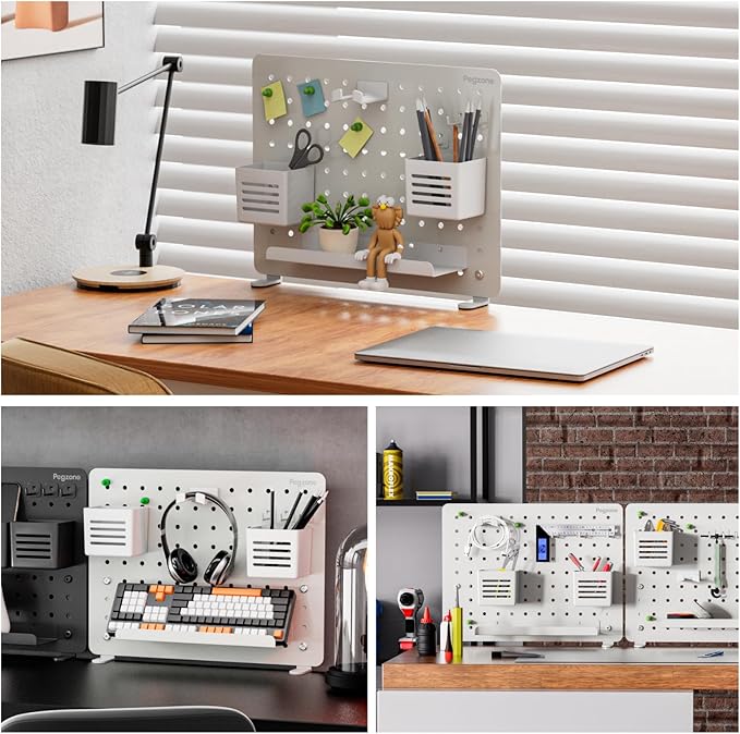 PEGZONE Clamp on Desk Pegboard, 16.5" x 12.6", with 10 Accessories, White | Magnetic Metal Peg Board, Desk Organizer for Office Gaming Home, Privacy Panel, Medium - Image 3