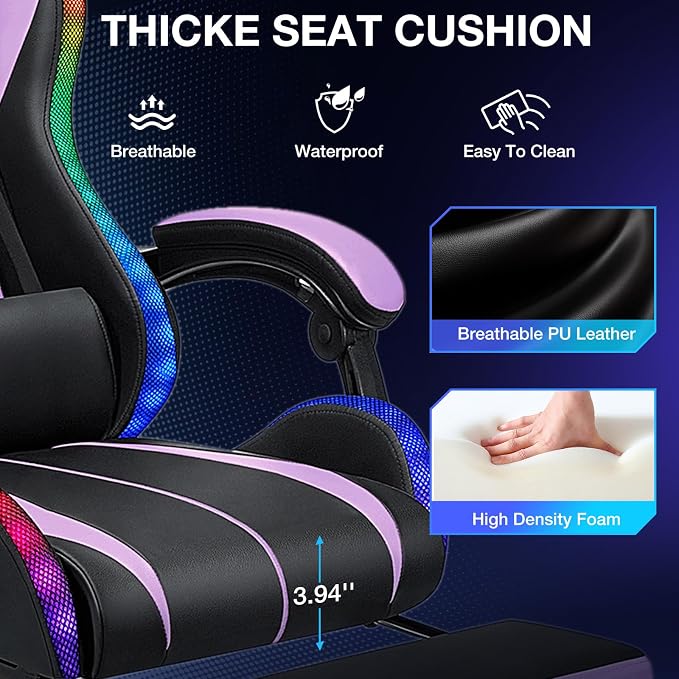 RGB Gaming Chair with LED Lights Massage Ergonomic Computer Chairs-Purple | High Back Video Game Chair with Footrest & Adjustable Lumbar Support Gamer Chairs for Adults Racing Style Recline - Image 7