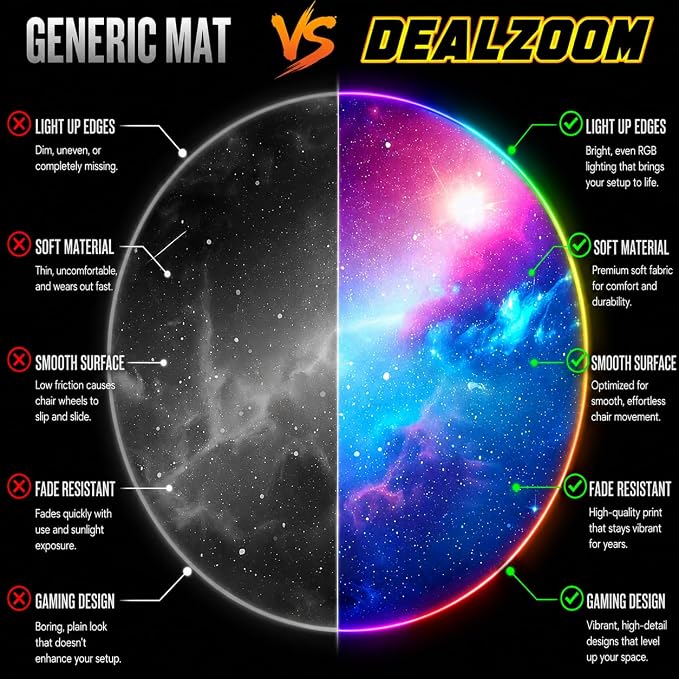 Gaming Chair Mat for Hardwood Floor Circle RGB Gaming Lights (Galaxy 47”) - Noise Cancelling, Anti-Slip Gamer Floor Mat – Scratch Resistant Computer Gaming Mat for Chair – Office Chair Mat - Image 3