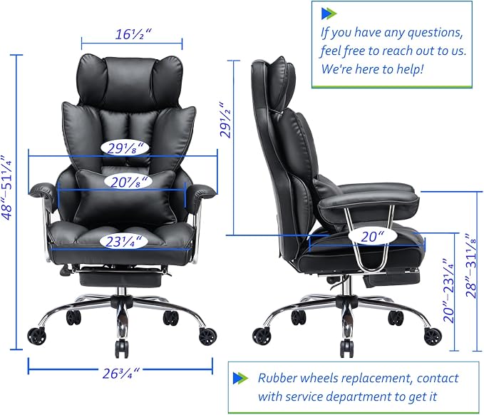 Efomao Big and Tall Office Chair with Foot Rest 400LBS, PU Leather Computer Chair, Heavy Duty Executive Office Chair with Lumbar Support, Black Home Office Chairs | 400lbs support, 135° recline, dual-layer foam cushion, 23.5" seat & footrest. BIFMA - Image 3