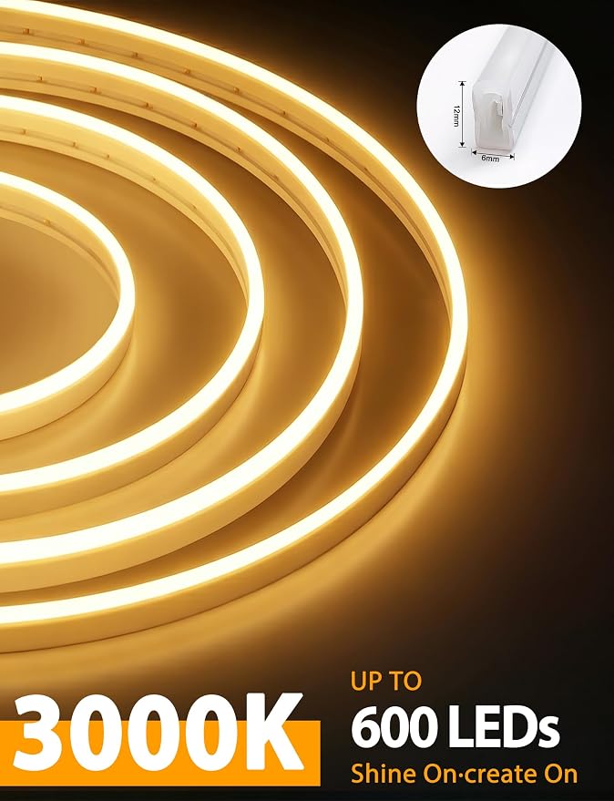 Lamomo LED Neon Lights, 12V Warm White Dimmable LED Strip Lights, 16.4ft/5m Waterproof LED Neon Rope Lights, Silicone 3000K Neon LED Strip for Bedroom Indoor Home Decor (Power Adapter Included) - Image 3