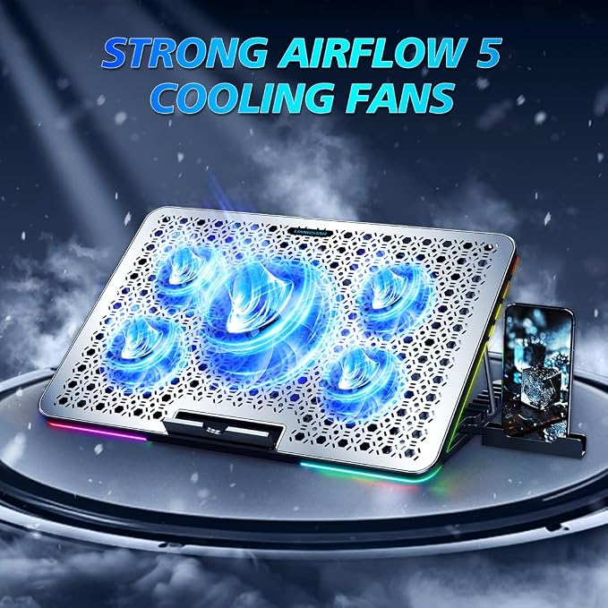 LIANGSTAR Laptop Cooling Pad, Laptop Cooler Gaming 5 Quiet Fans with Large Metal Plate for 12-17.3 Inch Fan Stable Stand, 4 Modes RGB Light, 7 Height & Adjust Speed, 2 USB Port & Phone Holder - Image 3