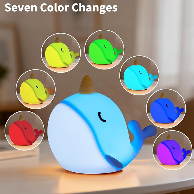Narwhal Night Light, USB-C Rechargeable Silicone Lamp with Tap Control, 3-Level Dimming & 30-Min Auto Timer, 7-Color Changing Squishy Nursery Light, Birthday Gift for Kids - Image 4