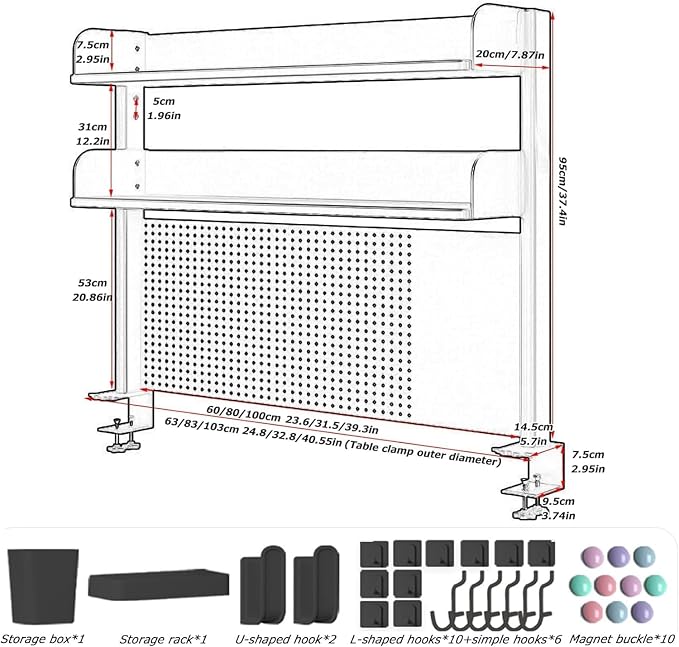 Gaming Desk Pegboard Shelf with Clamp, Multi-Tier Desktop Organizer Rack | Clamp-on steel pegboard desktop organizer with multi-tier shelves for gaming, study and office workstations. - Image 3