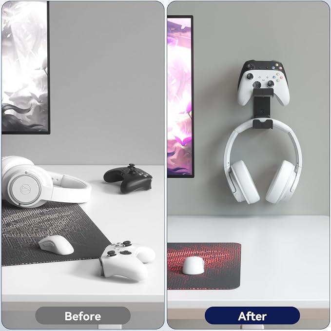 KDD Dual Controller & Headphone Holder Stand Wall Mount - Gaming Headset Hanger with Adhesive or Screws Install for Xbox Series X/S, PS5/4/3, Switch, STEAM, Universal PC Gamepad Accessories - Image 7