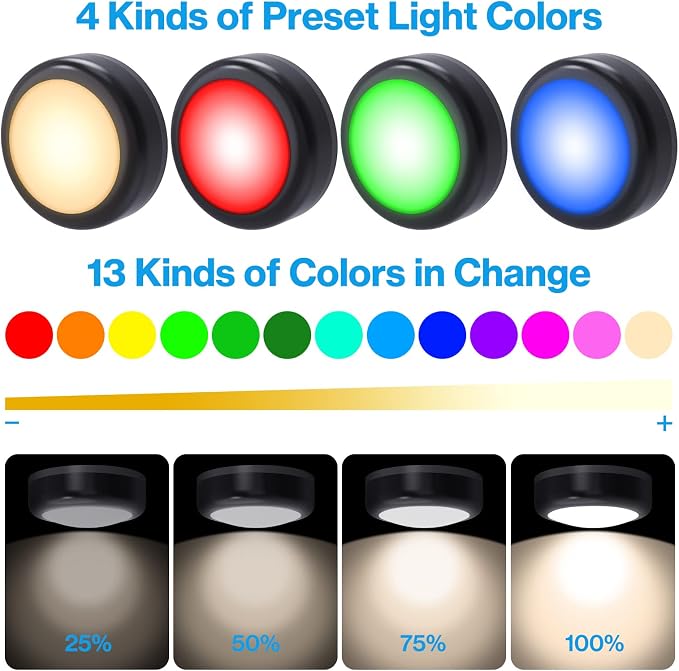 Cadrim Puck Lights, 6 Pack 13 Colors Changeable Under Cabinet Lamps, Led Lamps for Bedroom, LED Puck Lightings, Battery Powered Under Counter Light with 2 Wireless Remote Controls, Black - Image 2