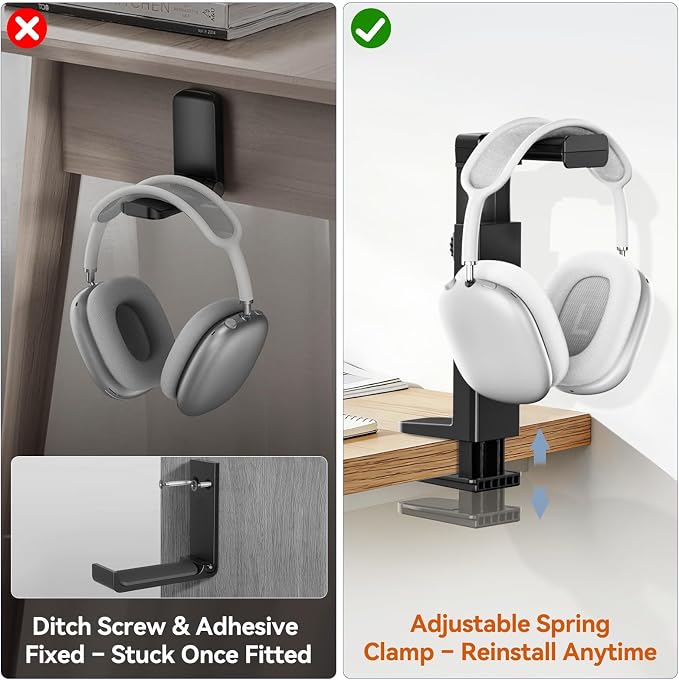 Headphone Stand & Hanger for Desk, 2 in 1 Above & Under Desk Gaming Headset Holder Mount with Height Adjustable & Rotating Clamp, Dual-sided Anti-slip Pad Earphone Rack with Clamp Headset Stand - Image 6