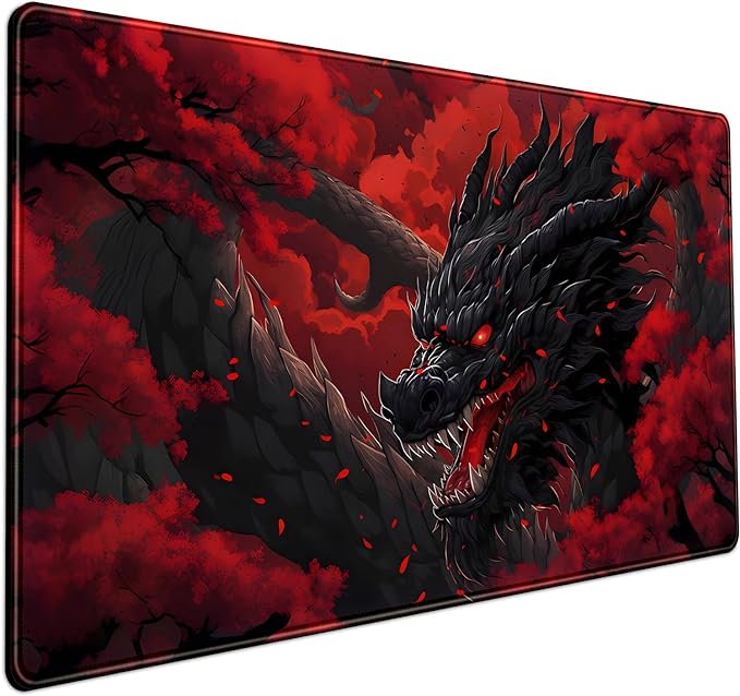 Huge Dragon Large Mouse Pad - Red and Black Mousepad, Big Full Keyboard and Mouse Pad with Stitched Edges, Anti-Slip, Funny Desk Pad, 31.5 X 15.8 in. by Mechanical+Cattle