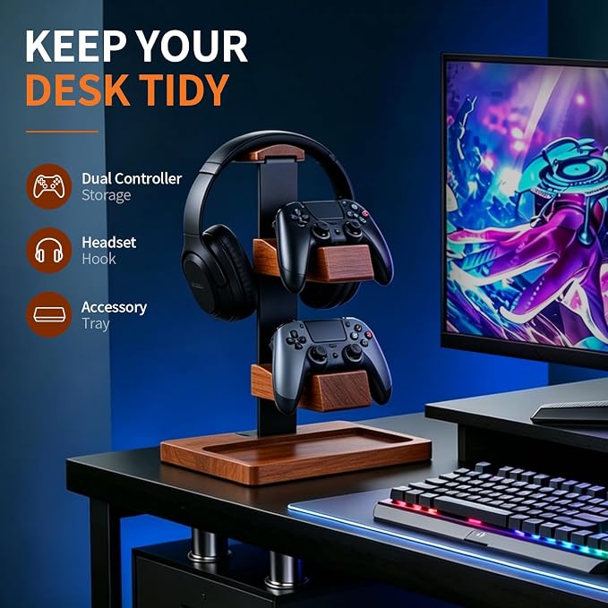 Headset Stand with Gaming Controller Holder, Wood Headphone Stand with Storage Base, Gaming Equipment Accessories for Desk - Image 3