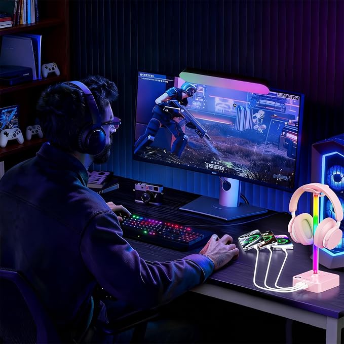 cozoo Headphone Stand with Charger, USB C, Gifts for Gamers Men, Pink Pro | Gaming Headset Stand Holder for Desk, 3 USB(1 USB C) and 2 AC Outlets Charging Ports, Headphone Hanger, Gamer Gifts for Men - Image 6