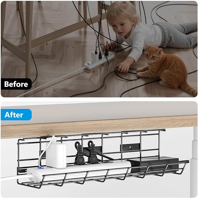 2 Pack DELAMU Under Desk Cable Management Tray, Metal Cord Cable Organizer for Desk, Easy Install Pre-drilled Wire Management Wire Organizer for Office & Home - Image 7