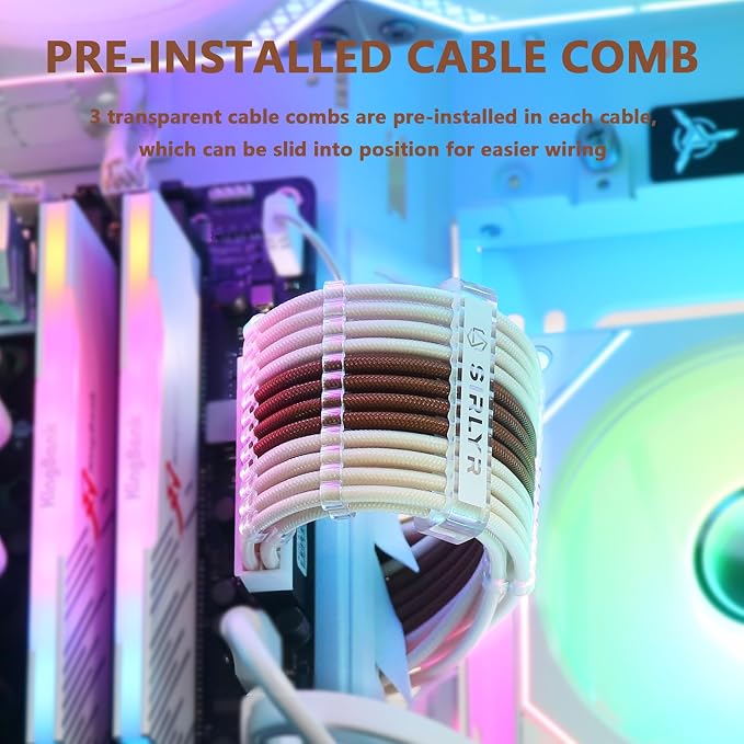 Sirlyr PSU Cable Extension,Customed Pre-Bend PC Power Supply Cable,1x 24 Pin ATX / 1x 8 (4+4) Pin EPS/Longer 2X 8 (6+2) Gold-Plated Pin Pcie,Nylon Sleeved Brown Beige,4 Kits - Image 3