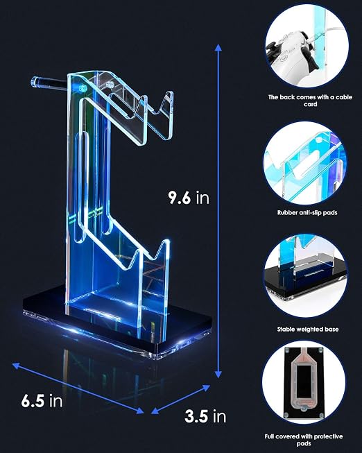 OAPRIRE RGB Controller and Headset Stand with 21 Light Modes, 2 Tier | Acrylic Game Controller Stand for Desk, Stabilized Base, Gamer Gift for PS5 PS4 Xbox Controllers, Desk Accessories, Black - Image 4