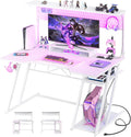 Armocity Gaming Computer Desk with Power Outlets, Gaming Desk with Hutch and LED Lights, Reversible PC Gaming Desk with Pegboard, Carbon Fiber White, 47" by Armocity