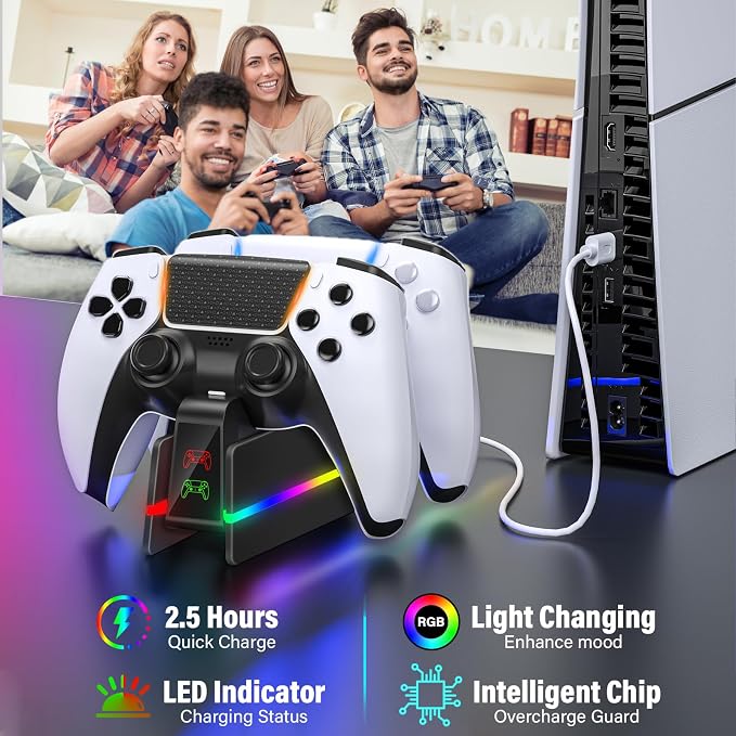 PS5-Controller-Charger-Station - Charging Station for PlayStation 5 Dualsense/Edge Controller with 9 Color Led Light, Fast Charging Dock & Holder Stand for PS5/Slim/Pro Remote - Whole Black - Image 4