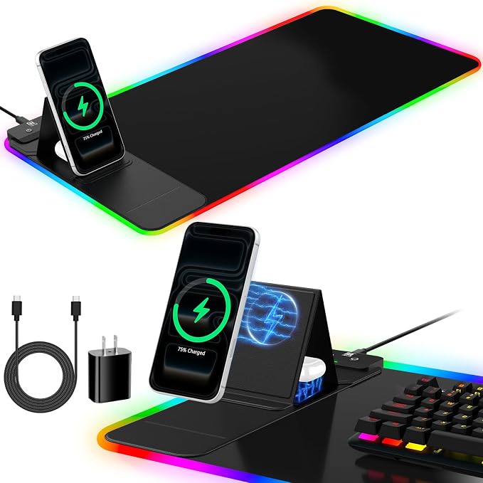 RGB Mouse Pad with Foldable Phone Stand Wireless Charger, 31.5"x11.8" XL Gaming Mousepad Large Desk Mat, Desk Pad with 11 Colors 5 Modes, Waterproof by miroddi