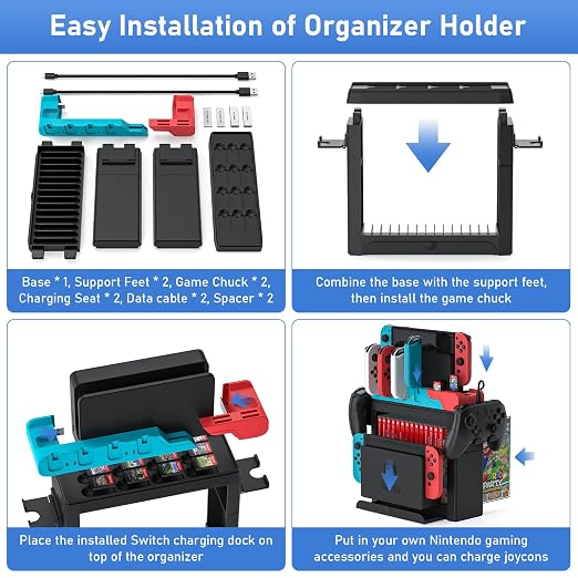 Switch Game Storage with Controller Charger for Nintendo Switch & OLED Model, Switch Charging Dock Charges 6 Joycons, Switch Gaming Accessories Holder Desk, Switch Game Gift Card Organizer (Red＆Blue) - Image 8