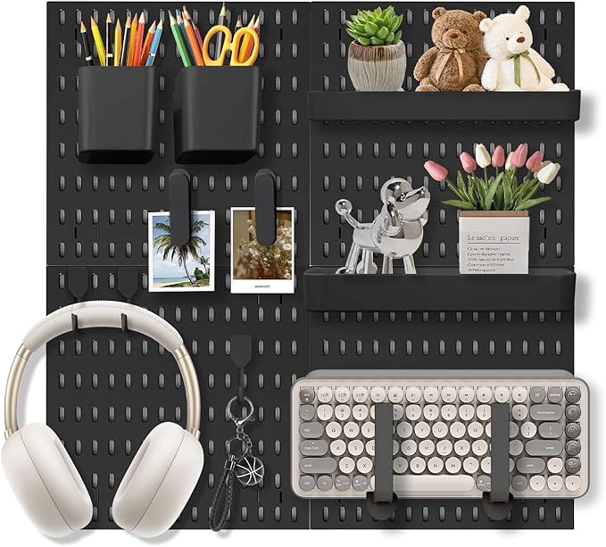Pegboard Wall Organizer Set – 4 Peg Boards with Hooks & Shelves – Office, Kitchen, Gaming Room Desk Pegboard Storage – Peg Board Wall Display Rack (Black) by Skwelom