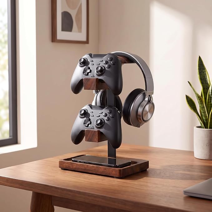 Headphone Stand with Controller Holder, Gaming Headset Stand for Desk, Walnut Headphone Holder Desk Organizer Gaming Accessories Gift for Gamers(Deep Walnut) by Unknown