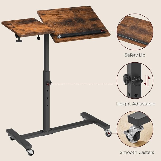 MAHANCRIS Overbed Table with Wheels, Height Adjustable Overbed Bedside Table, Tilting Desktop Mobile Standing Desk, C-Shaped Side Table for Livingroom or Bedroom, Rustic Brown and Black ETHR6801 - Image 7