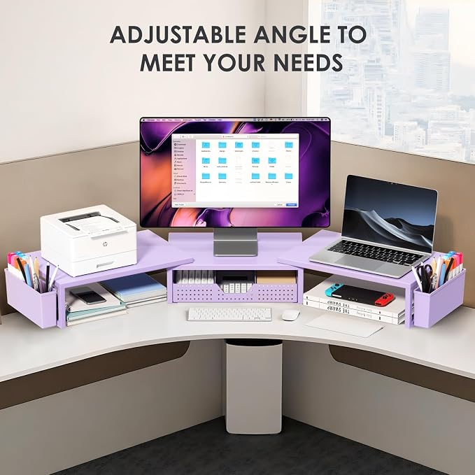 OPNICE Desk Organizers and Accessories, Dual Monitor Stand Riser with Drawer and 2 Pen Holders, Desk Shelf Computer Racks for Office Workspace Organizers, Desktop Organization (Purple) - Image 6